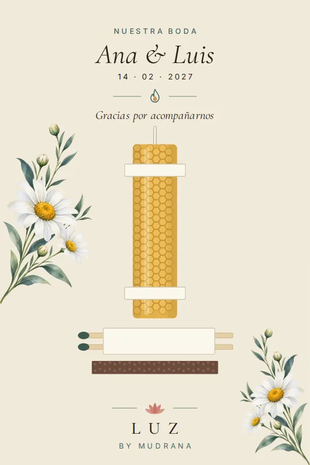 Recuerdo de boda: tarjeta con vela y cerillos
